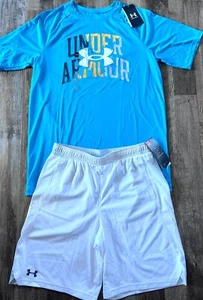 NWT Under Armour Boys YXL White/Turquoise BIG LOGO Shorts Set XL - Picture 1 of 5