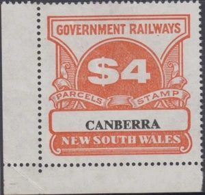Sello de paquete ferroviario $4 naranja Nueva Gales del Sur con variedad de estación de Canberra - Imagen 1 de 2