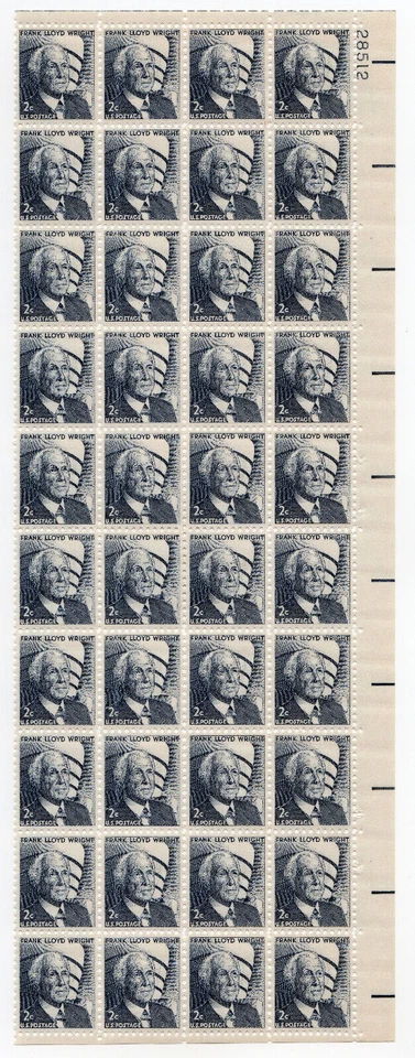 Scott #1280 Frank Lloyd Wright Plate Block of 40 Stamps - MNH P#28512 UR - Image 1 of 1