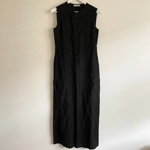 Strenesse Blue Black Linen Dress Sz US 6 UK 10 Front Zip Sleeveless Pockets - Foto 1 di 14
