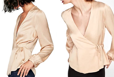 ZARA SILKY SATIN WRAP BLOUSE TOP SHIRT V NECK LONG SLEEVE Size S  new - Image 1 of 4