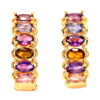 REAL TOURMALINE AMETHYST RHODOLITE & IOLITE BRASS YELLOW GOLD PLATED EARRING - Image 1 of 4