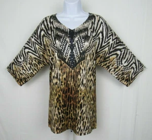 CAMICIA CHICO'S TAGLIA 2 STAMPA LEOPARDATA TOP TUNICA SMOCK TOP PERLINE PAILLETTES - Foto 1 di 12