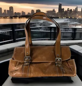 Vtg 90s Y2K 2000s Baguette Leather Shoulder Bag Purse Brown Double Buckle Flap - Picture 1 of 9