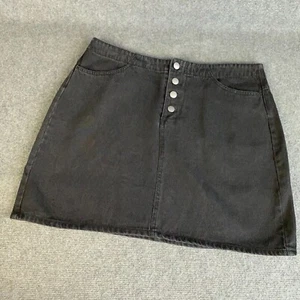 Forever 21 Denim Mini Skirt Womens 18 Black Stretch Denim Short Button Fly - Picture 1 of 12