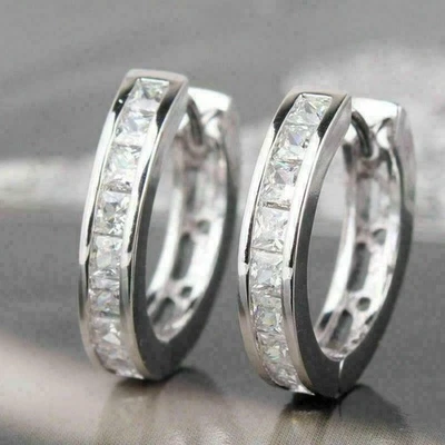 4.25 Ct Princess Cut Moissanite Hoop Huggies Earring 18K White Gold Plated - Image 1 of 4