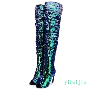 Spring Lady Women's Peep Toe Over The Knee High Boots Sequins Glitter Long Shoes - Picture 1 of 21