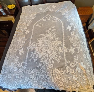 Vintage Light Blue Lace Curtains 2 Panels Floral with Birds 82 x 54 Cottagecore - Picture 1 of 4