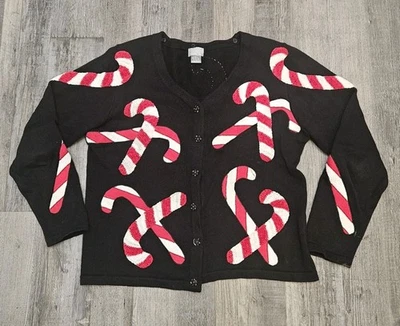 BEREK Cardigan Sweater Women's L Black Christmas Candy Canes - Image 1 of 4