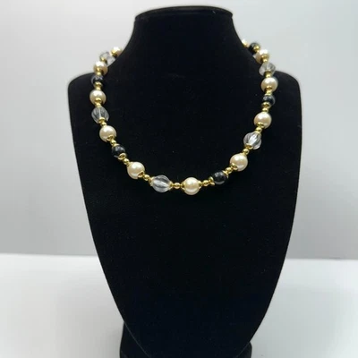 Collar Perla Imitación Acrílico Cuentas Negro Claro Tono Dorado Elegante Joyería 8 en L Foto 1 de 4