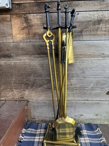 Vintage Brass Equestrian Horse Head Fireplace Tools Set, Matches Bucket, & Stand - Picture 1 of 20