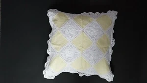  LINEN LACE CUSHION COVER WHITE and YELLOW COLORED SIZE 18 in x 18 in  handmade - Picture 1 of 2