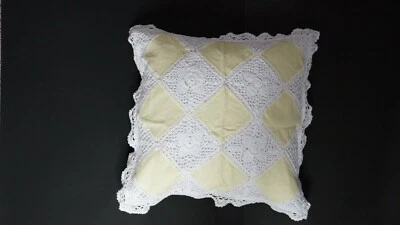  LINEN LACE CUSHION COVER WHITE and YELLOW COLORED SIZE 18 in x 18 in  handmade - Image 1 of 2