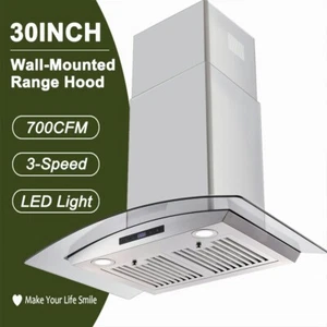 30inch 700CFM Kitchen Range Hood Vent Wall Mounted Glass Panel Stainless Steel - Picture 1 of 12