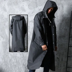 Men Waterproof Long Raincoat Rain Coat Hooded Trench Jacket Outdoor Hiking Black - Picture 1 of 27