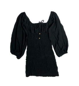Free People Minikleid XS schwarz gesmokt tailliert kurz Puffärmel eckiger Ausschnitt - Bild 1 von 5
