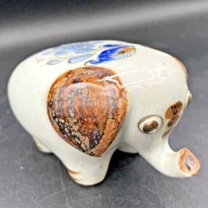 Elephant Trunk up Ceramic Figurine - Tonala Flower Blue/Brown Good Luck Mexico - Picture 1 of 9