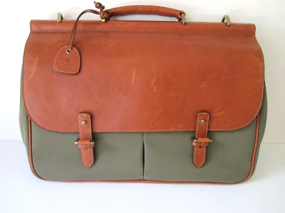 Trafalgar Mens Dowel Vintage Messenger Bag Briefcase Leather & Green Canvas - Image 1 of 4