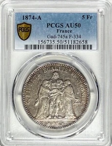 FRANCE - Hercules - 5 Francs 1874A - Km-820.1 - PCGS AU50! - Picture 1 of 2
