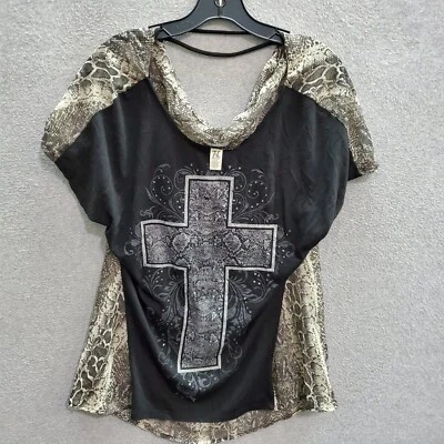 Blusa híbrida para mujer 1x negra de piel de serpiente estrás semi transparente cruz pulóver Foto 1 de 4