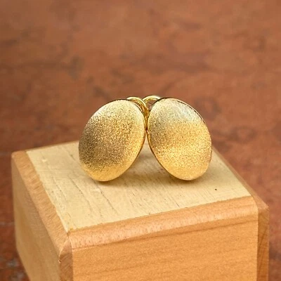 14KT Yellow Gold Oval Shape Matte Satin Finish Omega Clip Back Earrings NEW - Image 1 of 4