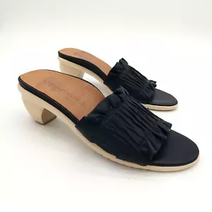 L'Amour Des Pieds Uriel schwarze Ledersandalen Größe 6,5 kubanischer Absatz Rüschen Holz - Bild 1 von 7