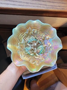 Awesome Aqua Opalescent Northwood Carnival Glass Rose Show Pattern Bowl COLOR!! - Picture 1 of 18