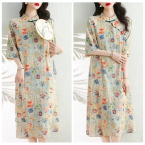 Ethnic Women Retro Linen Cotton Dress Floral Chinese Frog Button Casual Midi - Picture 1 of 11