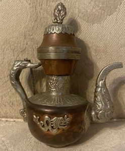 Antique Tibetan Red Copper & Silver Plate Dragon Buddhist Ritual Teapot & Lid - Picture 1 of 16