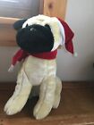 Gently Used Tan & Black Plush Pug Dog W Santa Claus Hat & Red Scarf Stuffed Anim