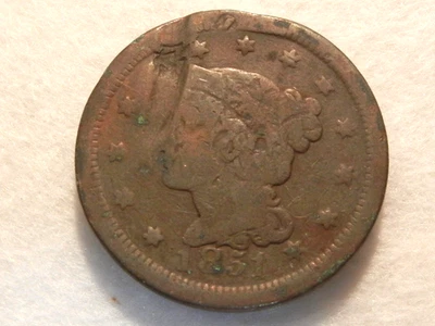 1851 coronet braided hair large cent copper coin - Image 1 of 2