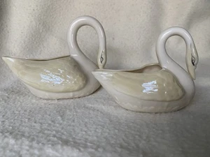 Vtg Belleek Porcelain Swan Creamer Pitcher ~ Green Mark ~set Of 2 - Picture 1 of 11