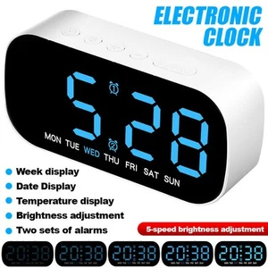LED Electric Digital Alarm Clock Mains Power Mirror Display Bedroom Bedside UK - Picture 1 of 28
