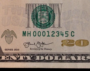 FANCY $20 2013 FRN MH00012345C ESCALERA CORTA SERIE #012345, veinte $, St Louis - Imagen 1 de 3