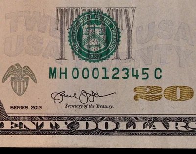 FANCY $20 2013 FRN MH00012345C SHORT LADDER SERIAL #012345, twenty $, St Louis - Image 1 of 3