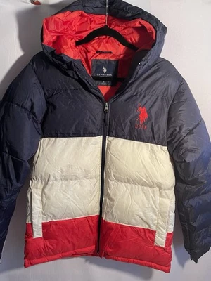 U.S.P. A. Polo Puffer 夹克色块红色白色蓝色小号 Y2K Big Pony — 第 1/4 张图片
