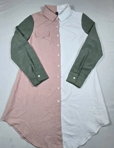 SHEIN Damen grün rosa weiß Langarm Button Down Mini Shirt Kleid XL - Bild 1 von 9
