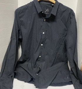 Armani Exchange Shirt LongSleeve dark blue/ white polka dot Mens large Slim - Picture 1 of 8