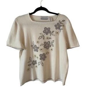 Alfred Dunner Embroidered Knit Top Size Petite XL Relaxed Fit Ivory Gray Floral  - Picture 1 of 8