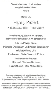 Sterbenachricht Pfarrer Hans J. Prüfert, Bielefeld, 2019 - Bild 1 von 2