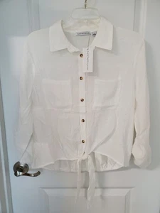 Notations Women's White Blouse Size L NWT Collared Button Up Sheer Long Sleeve - Picture 1 of 12
