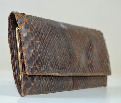 Cartera sin asas vintage de piel de serpiente de pitón marrón para mujer - Cartera con marco de cuero exótico Foto 1 de 4