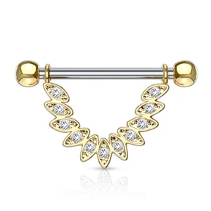 Pair CZ Set Linked Feather Dangle Surgical Steel Nipple Rings Shield 14G 9/16" - Picture 1 of 7