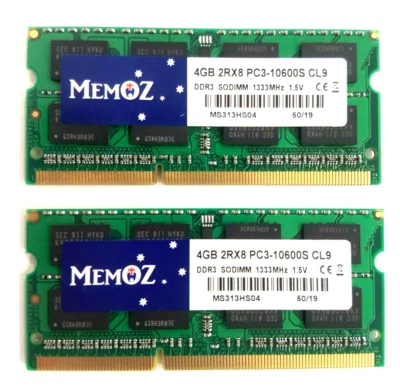 Memoz 8GB DDR3L 1333 Mhz 2x4GB Notebook RAM PC3 10600S Laptop Memory 5 Years Wty - Image 1 of 4