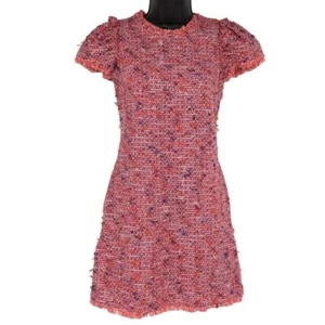 Kate Spade Tweed Mini Sheath Dress 00 Pink Purple Puff Flutter Sleeve Fray Trim - Picture 1 of 14