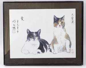 Stampa artistica giapponese smoking e gatti calico incorniciati 10"x8" firmata - Foto 1 di 6