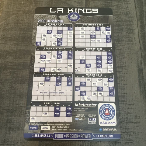 Los Angeles Kings 2009-10 Magnet Season Schedule LA Kings PRIDE=PASSION=POWER Cover