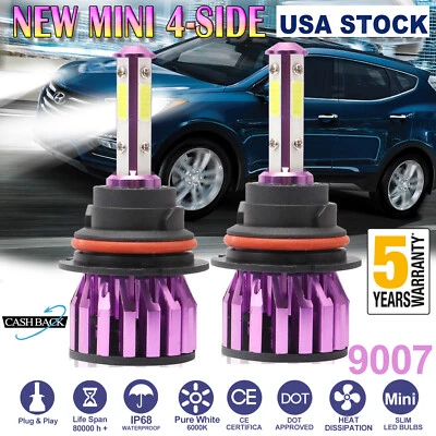 4 Sides 9007 HB5 LED Headlight Bulbs Kit High Low Dual Beam 6000K Super White - Image 1 of 4
