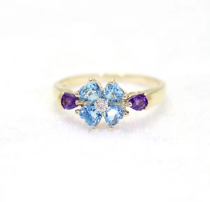 9ct Gold Amethyst Blue Topaz Diamond Ring Size 8 1/4 - Q - Picture 1 of 4