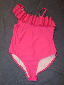 Girls 1 Piece SWIMSUIT Swim Suit by KATE MACK - Sz 10 - Bright Pink w/ RUFFLE - Picture 1 of 2